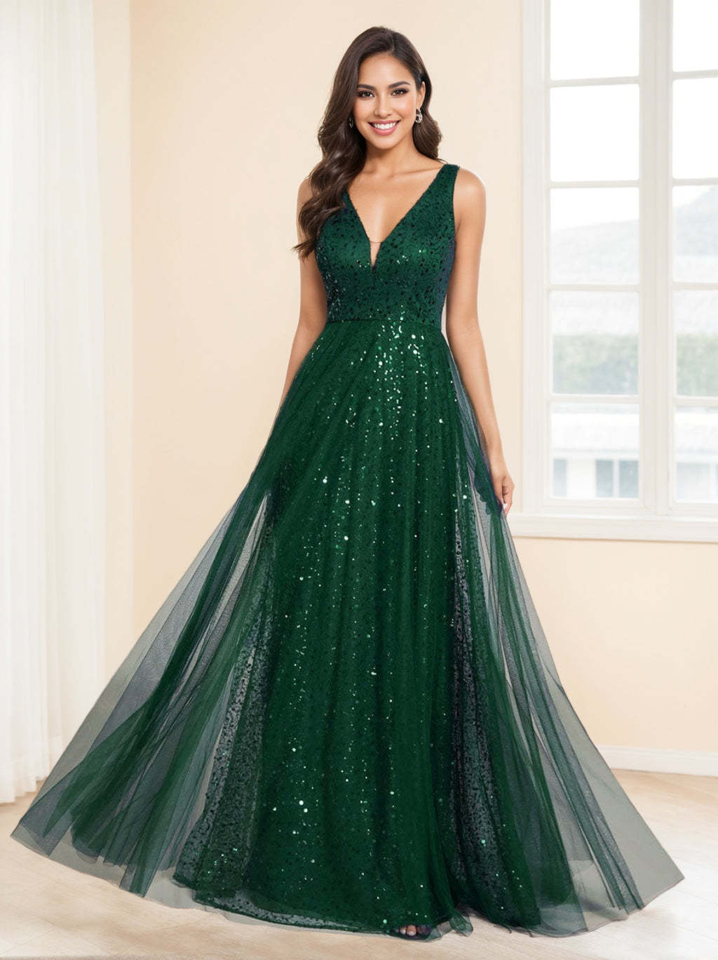 V-Neck Sleeveless High Waist A-Line Princess Floor-length Evening Gown