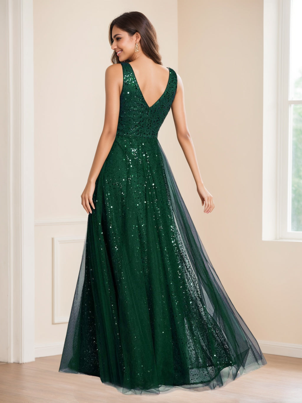 V-Neck Sleeveless High Waist A-Line Princess Floor-length Evening Gown