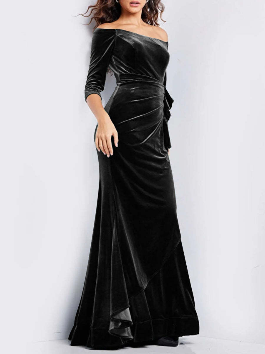Off-the-Shoulder Floor-Length Prom Dress with 3/4 Sleeves and Ruffle Details