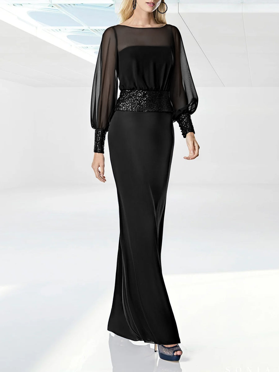 Floor-Length Prom Dress with Sequins Belt Round Neck and Long Sleeves