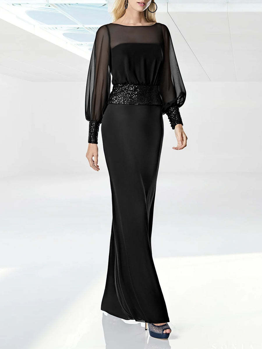 Floor-Length Prom Dress with Sequins Belt Round Neck and Long Sleeves