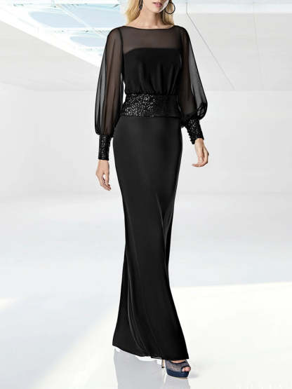 Floor-Length Prom Dress with Sequins Belt Round Neck and Long Sleeves