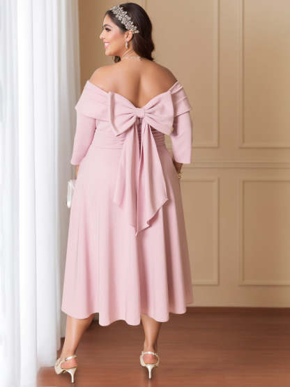 Off-the-Shoulder Tea-Length Wedding Guest Dress With Bowknot in A-Line/Princess Style and Half Sleeves-BMbridal.UK