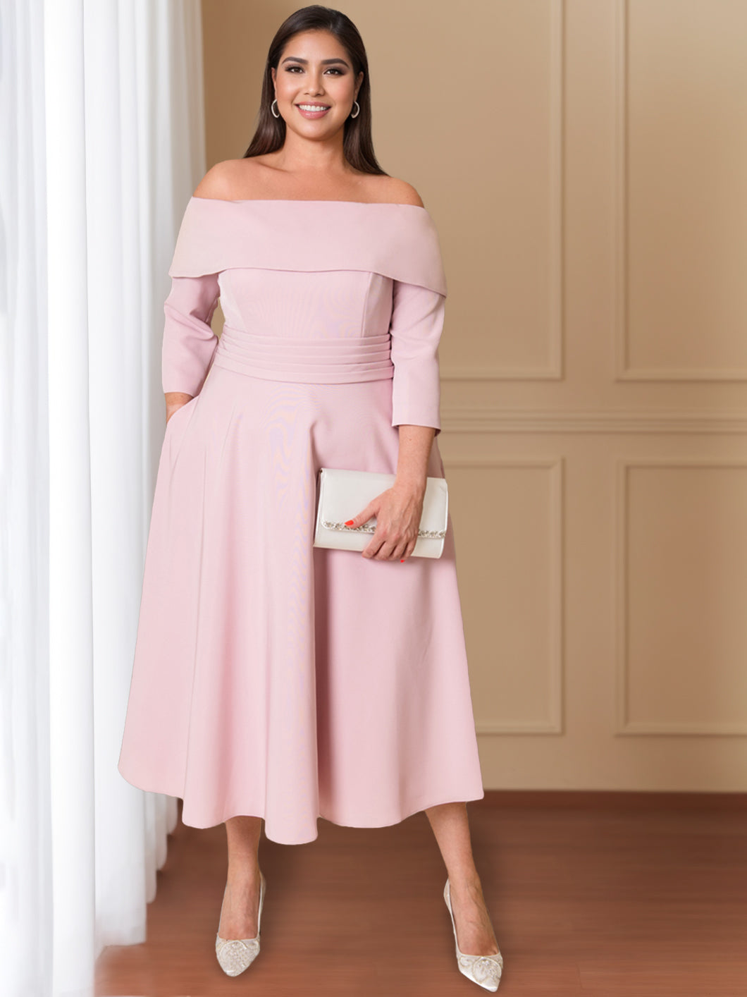 Off-the-Shoulder Tea-Length Wedding Guest Dress With Bowknot in A-Line/Princess Style and Half Sleeves-BMbridal.UK