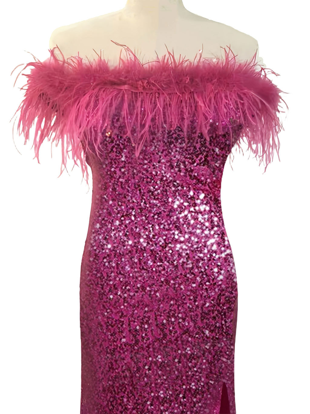 Off-the-shoulder Sleeveless Floor-length Sequined Sheath Dress with Feather Details