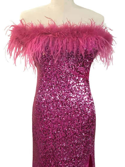 Off-the-shoulder Sleeveless Floor-length Sequined Sheath Dress with Feather Details