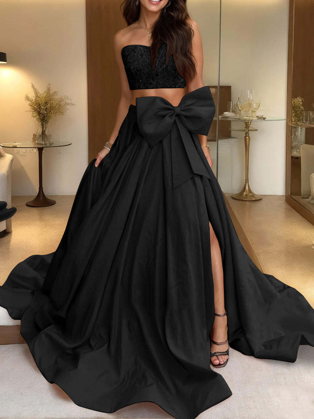 Evening Dress with Bow(s) - Strapless Sleeveless A-Line/Princess Cut and Sweep Train