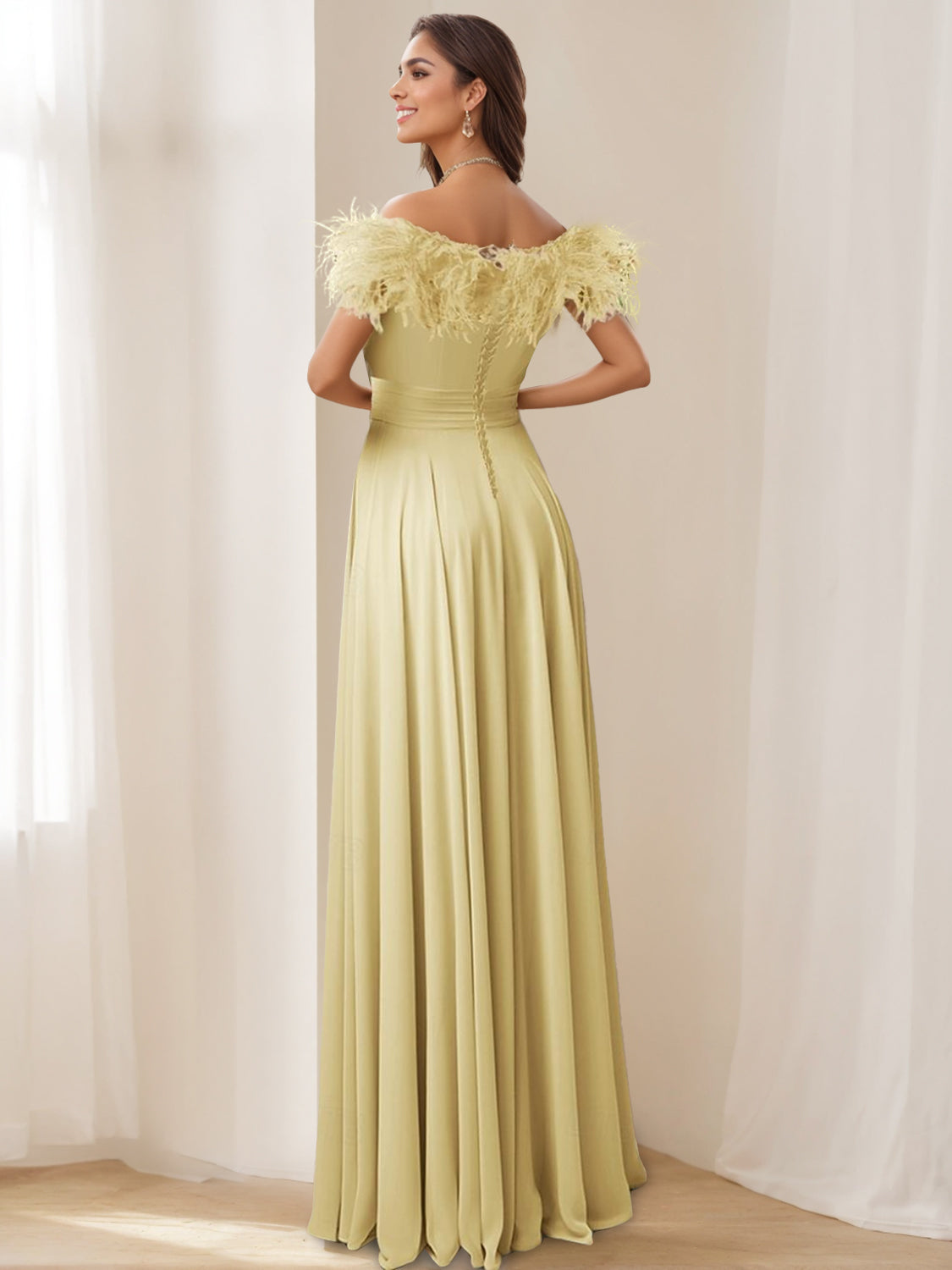 Princess A-Line Sleeveless Off-the-Shoulder Floor-Length Stretch Chiffon Evening Dress with Pleats & Feather-BMbridal.UK