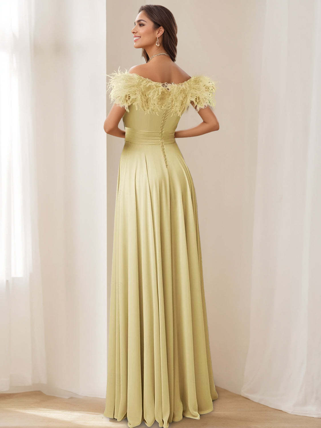 Princess A-Line Sleeveless Off-the-Shoulder Floor-Length Stretch Chiffon Evening Dress with Pleats & Feather-BMbridal.UK