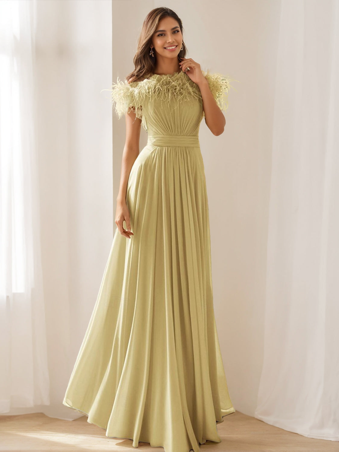 Princess A-Line Sleeveless Off-the-Shoulder Floor-Length Stretch Chiffon Evening Dress with Pleats & Feather-BMbridal.UK