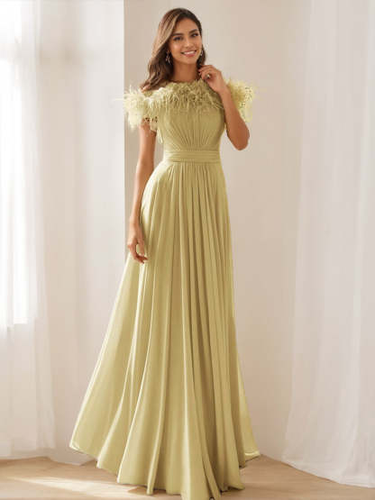 Princess A-Line Sleeveless Off-the-Shoulder Floor-Length Stretch Chiffon Evening Dress with Pleats & Feather-BMbridal.UK