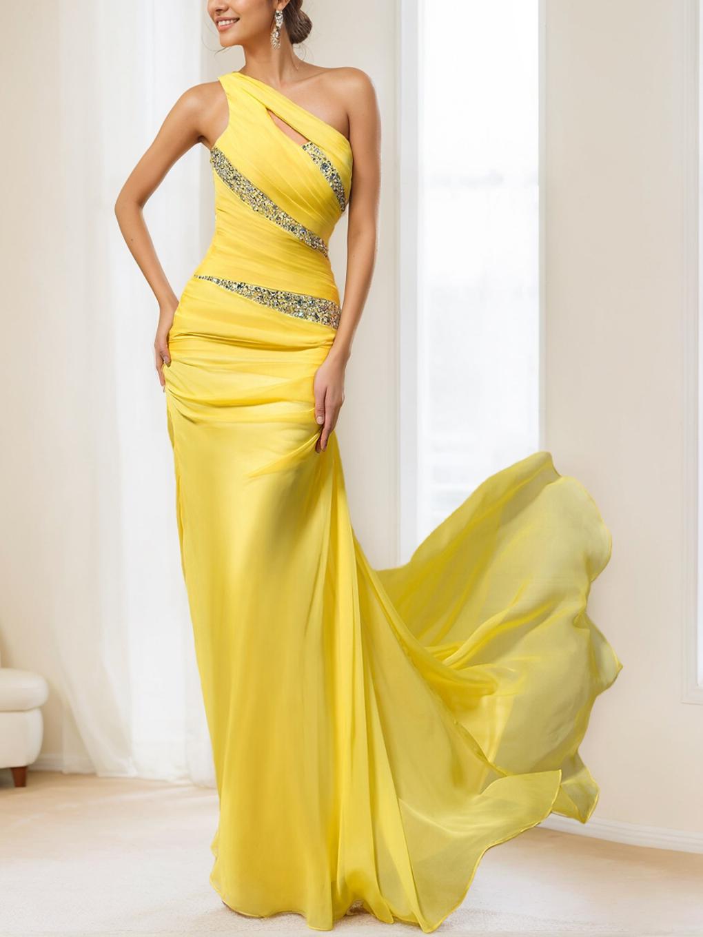 One-Shoulder Sleeveless Floor-Length Evening Gown with Ruched Sequin & Crystal Details