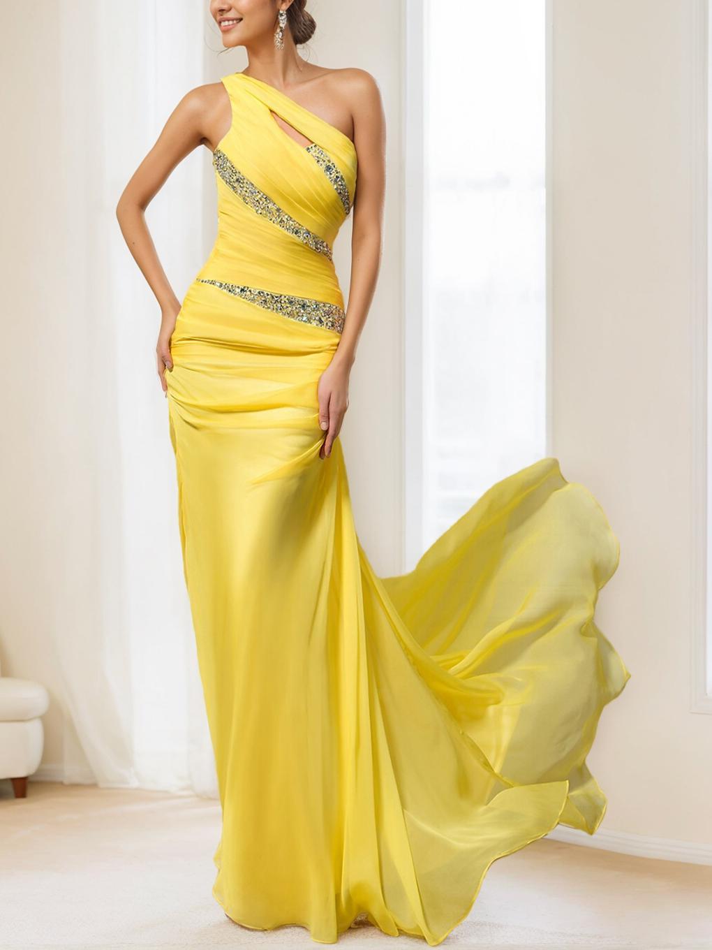 One-Shoulder Sleeveless Floor-Length Evening Gown with Ruched Sequin & Crystal Details