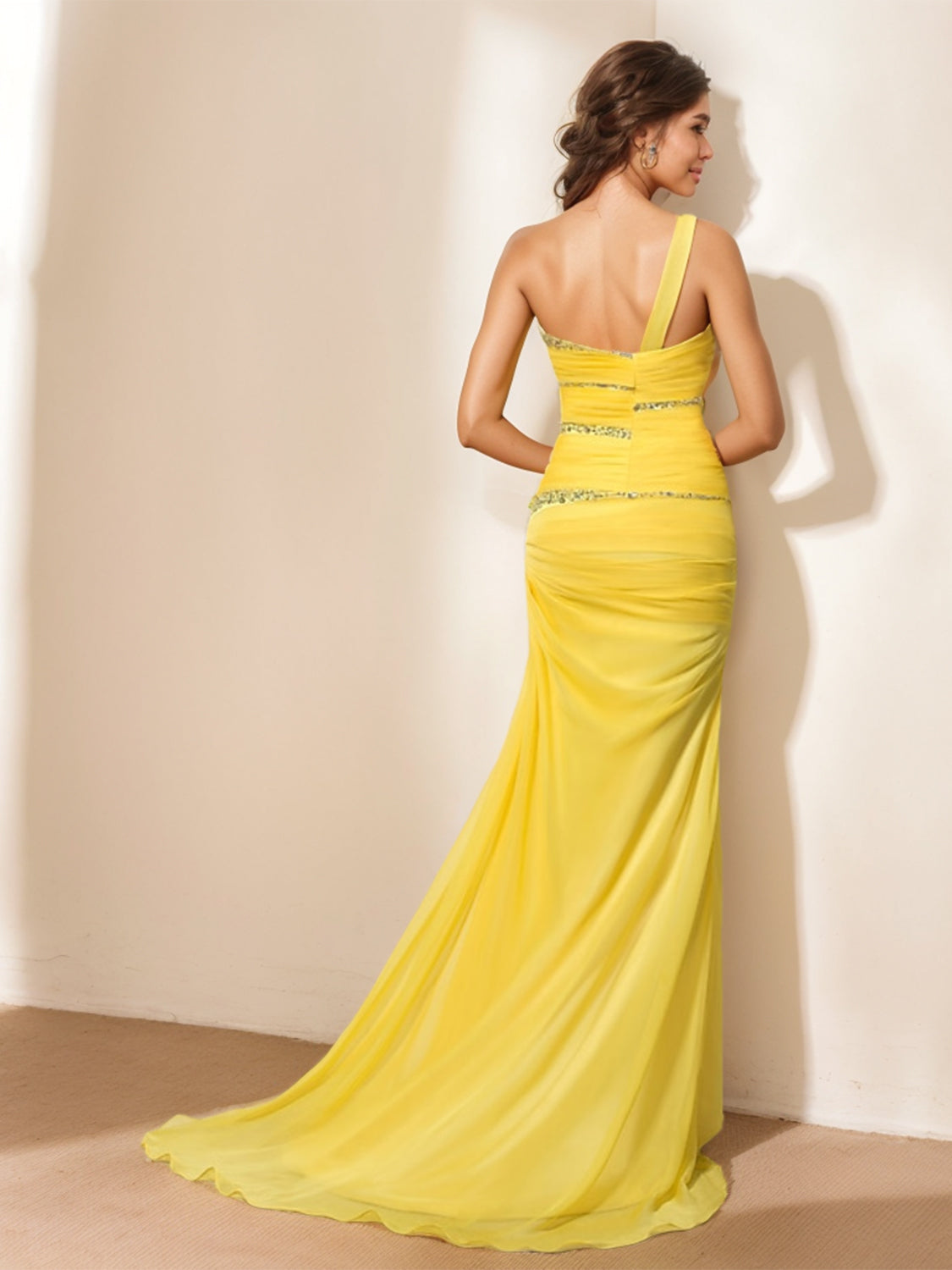 One-Shoulder Sleeveless Floor-Length Evening Gown with Ruched Sequin & Crystal Details