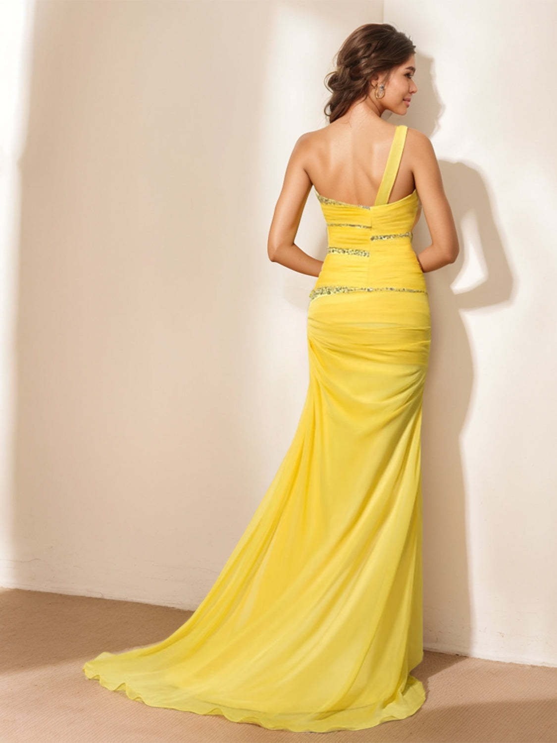 One-Shoulder Sleeveless Floor-Length Evening Gown with Ruched Sequin & Crystal Details