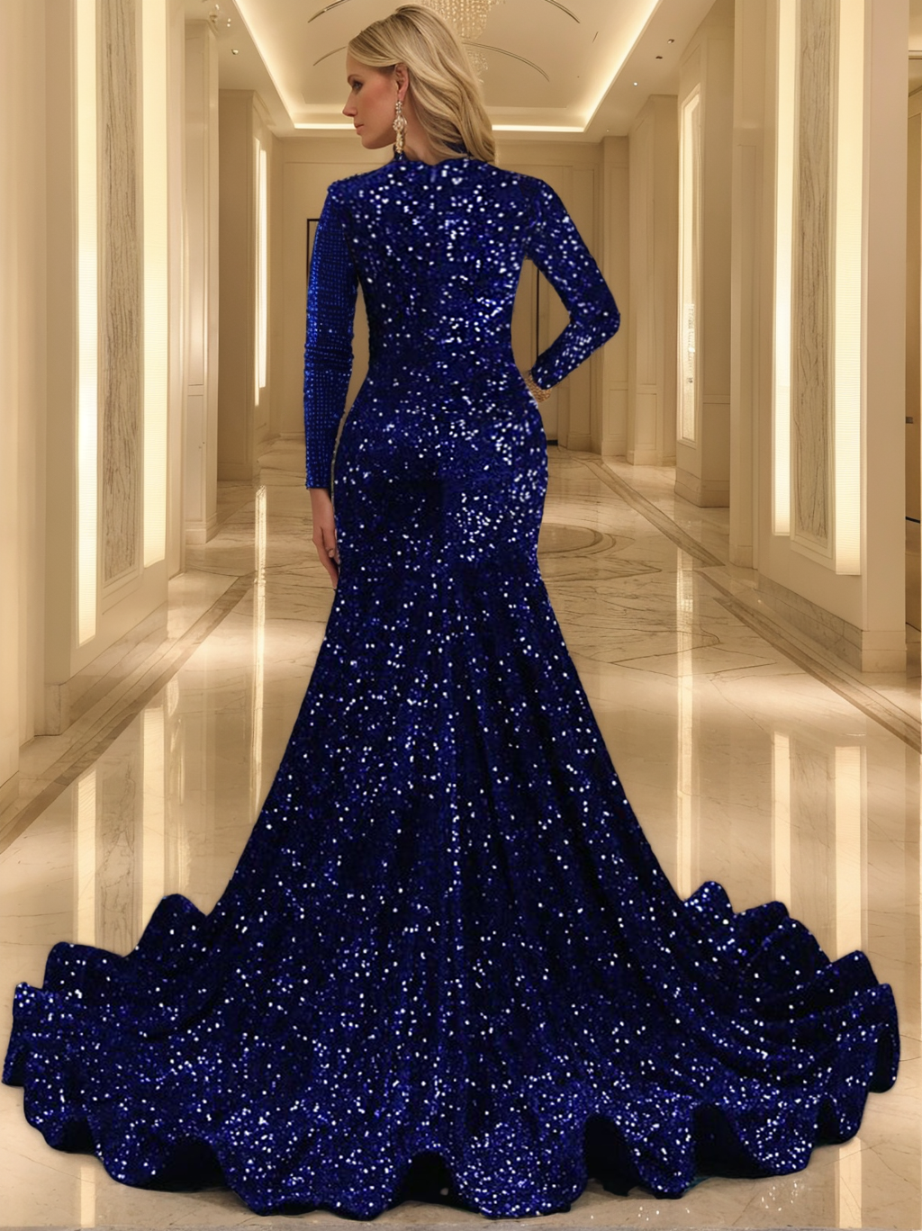 One-Shoulder Long-Sleeve Evening Dress with Sequin & Beading in Trumpet/Mermaid Jewel Neck