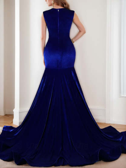 Velvet Sleeveless Evening Dresses With Appliques in Trumpet/Mermaid Jewel Neck