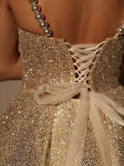 Spaghetti Strap Sleeveless A-Line Mini Party Dress with Glitter for Homecoming or Dance