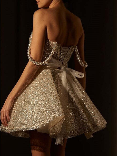 Spaghetti Strap Sleeveless A-Line Mini Party Dress with Glitter for Homecoming or Dance