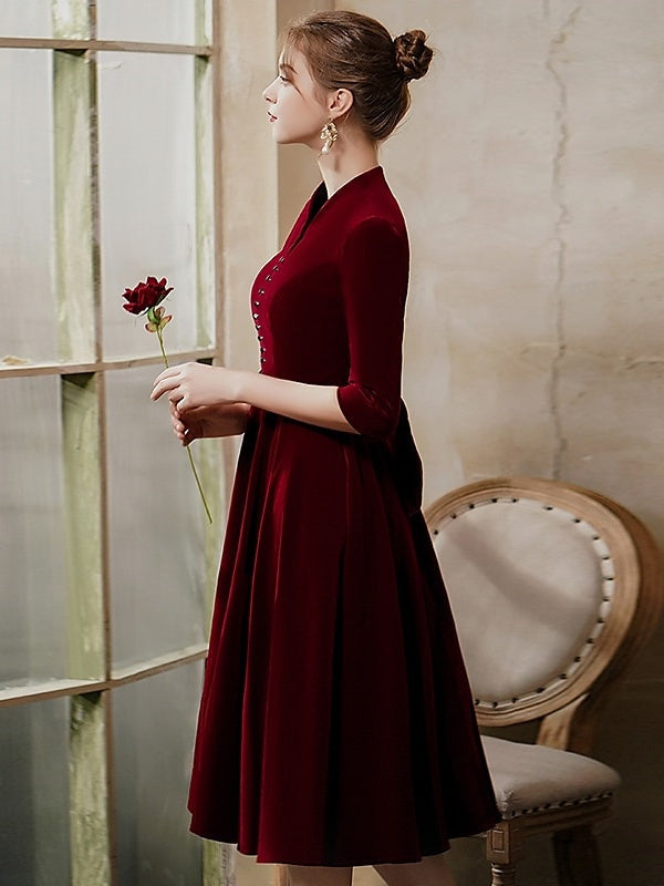 Sleek V-Neck A-Line/Princess Tea-Length Cocktail Dress with Half Sleeves