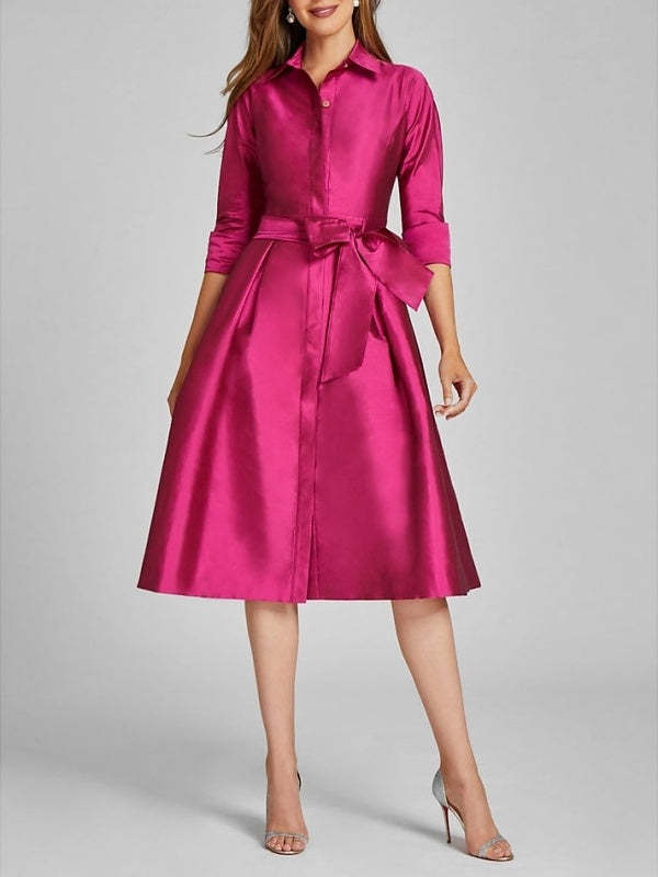 Knee-Length A-Line/Princess Cocktail Dress with Shirt Collar 3/4 Sleeves Bow(s) and Slit