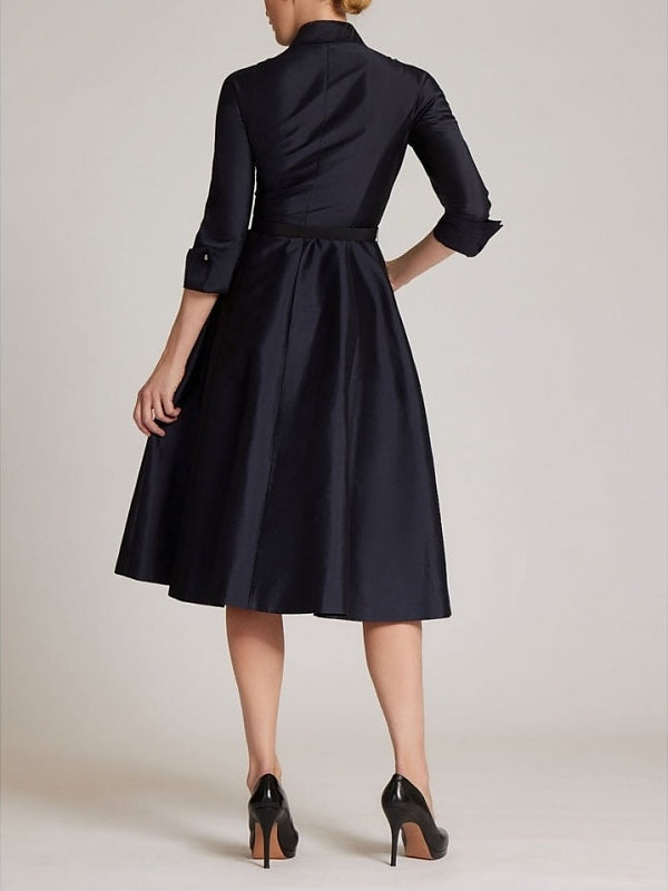 Knee-Length A-Line/Princess Cocktail Dress with Shirt Collar 3/4 Sleeves Bow(s) and Slit
