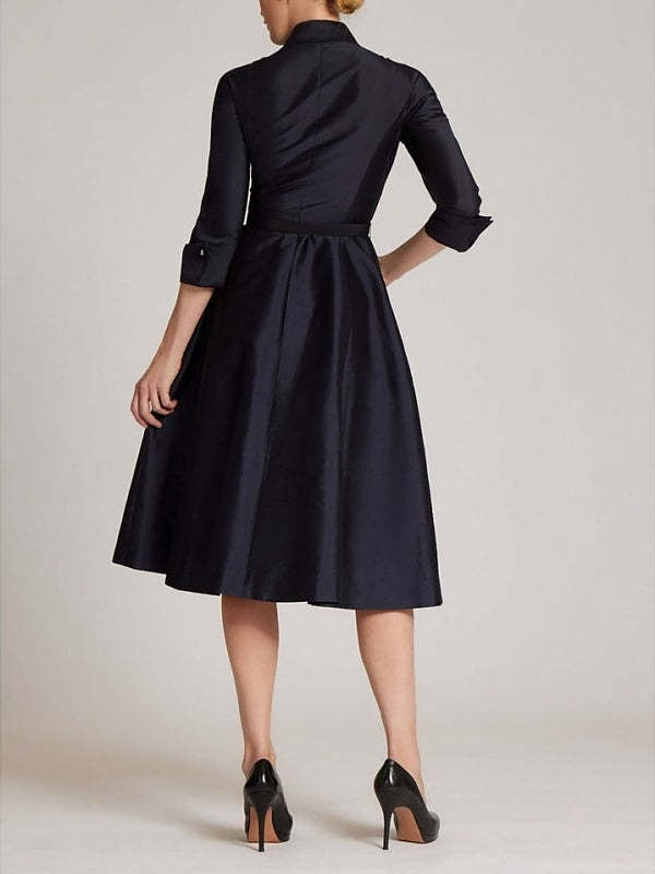 Knee-Length A-Line/Princess Cocktail Dress with Shirt Collar 3/4 Sleeves Bow(s) and Slit