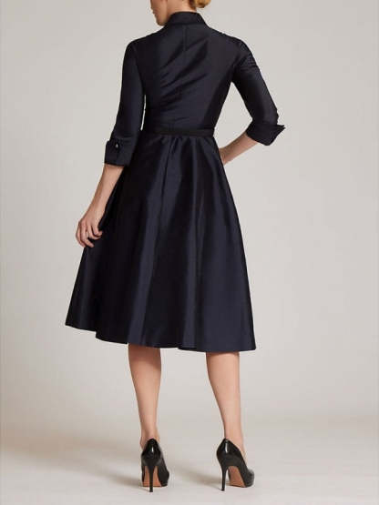 Knee-Length A-Line/Princess Cocktail Dress with Shirt Collar 3/4 Sleeves Bow(s) and Slit
