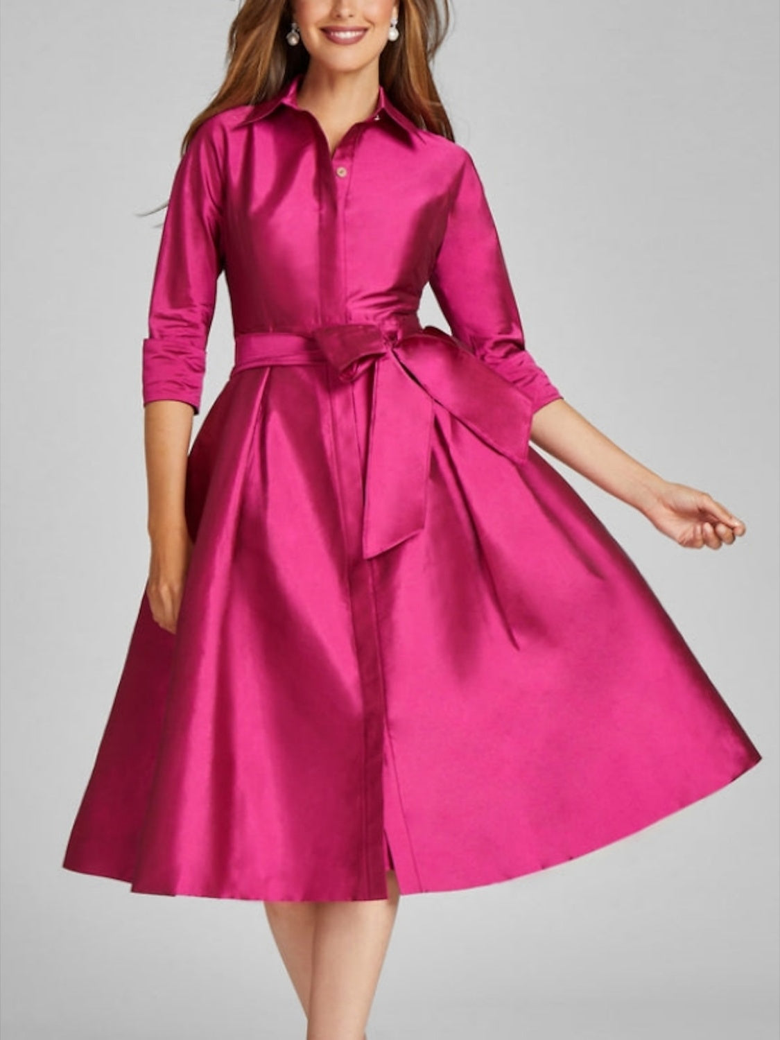 Knee-Length A-Line/Princess Cocktail Dress with Shirt Collar 3/4 Sleeves Bow(s) and Slit