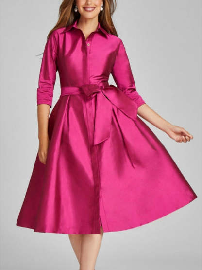 Knee-Length A-Line/Princess Cocktail Dress with Shirt Collar 3/4 Sleeves Bow(s) and Slit