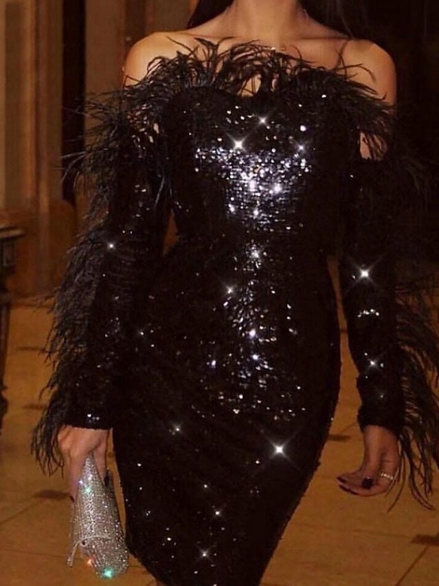 Trumpet / Mermaid Sleeveless Cocktail Dresses with Sequin & Feather Off-the-Shoulder and Knee-Length