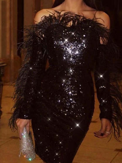 Trumpet / Mermaid Sleeveless Cocktail Dresses with Sequin & Feather Off-the-Shoulder and Knee-Length