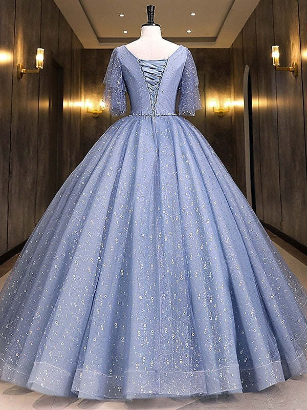 V-Neck Short Sleeve Ball Gown with Sequin in Floor-Length Prom Dress