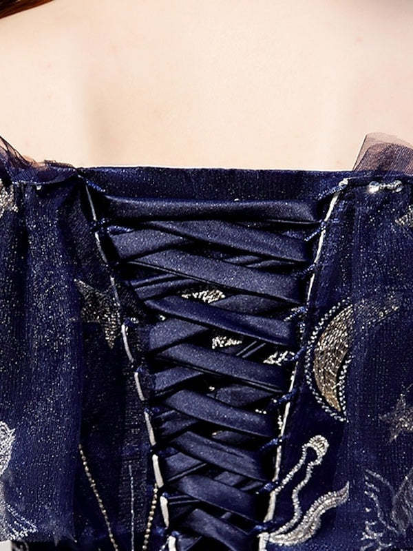 Off-the-Shoulder Short Sleeve A-Line Princess Prom Dress with Tiered Embroidery in Floor-Length