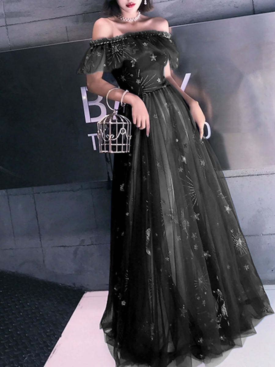 Off-the-Shoulder Short Sleeve A-Line Princess Prom Dress with Tiered Embroidery in Floor-Length