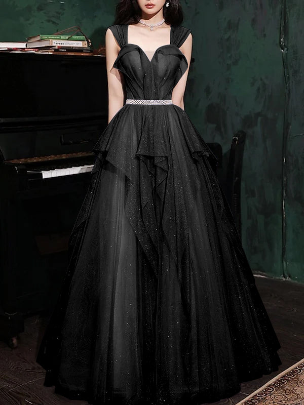 Sequin-Embellished Sleeveless Floor-Length A-Line Prom Dress with Off-the-Shoulder Neckline