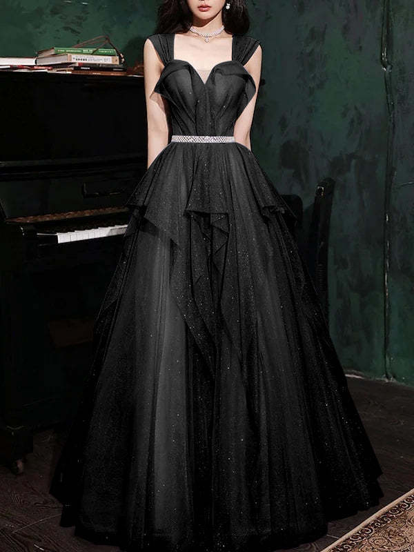 Sequin-Embellished Sleeveless Floor-Length A-Line Prom Dress with Off-the-Shoulder Neckline