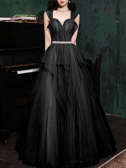 Sequin-Embellished Sleeveless Floor-Length A-Line Prom Dress with Off-the-Shoulder Neckline