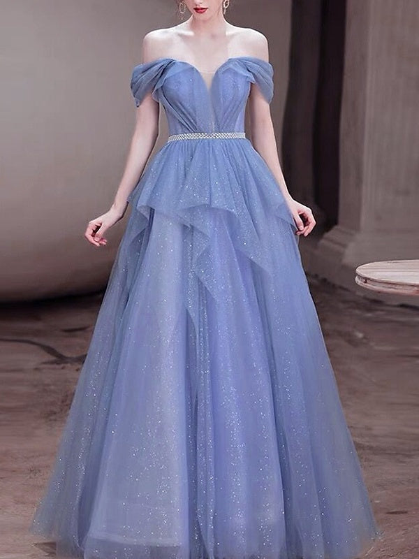 Sequin-Embellished Sleeveless Floor-Length A-Line Prom Dress with Off-the-Shoulder Neckline