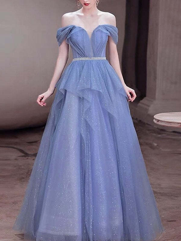 Sequin-Embellished Sleeveless Floor-Length A-Line Prom Dress with Off-the-Shoulder Neckline