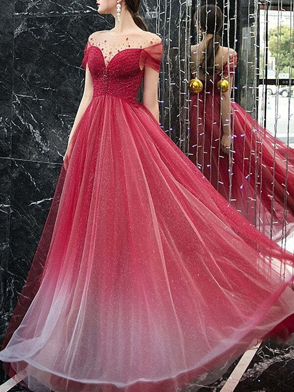 Evening Dress with Pleats & Sequin - Floor-Length Sheath/Column Jewel Neck Short Sleeves