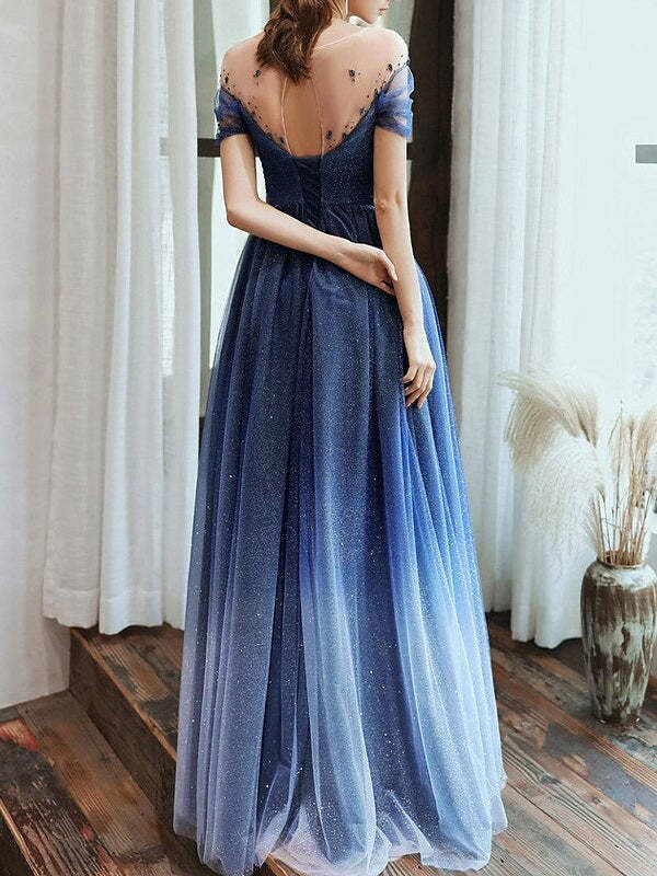 Evening Dress with Pleats & Sequin - Floor-Length Sheath/Column Jewel Neck Short Sleeves