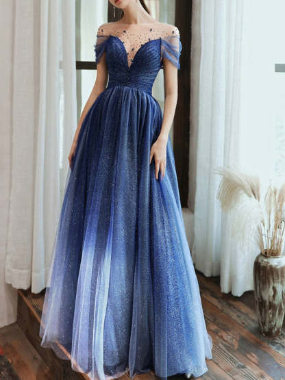 Evening Dress with Pleats & Sequin - Floor-Length Sheath/Column Jewel Neck Short Sleeves