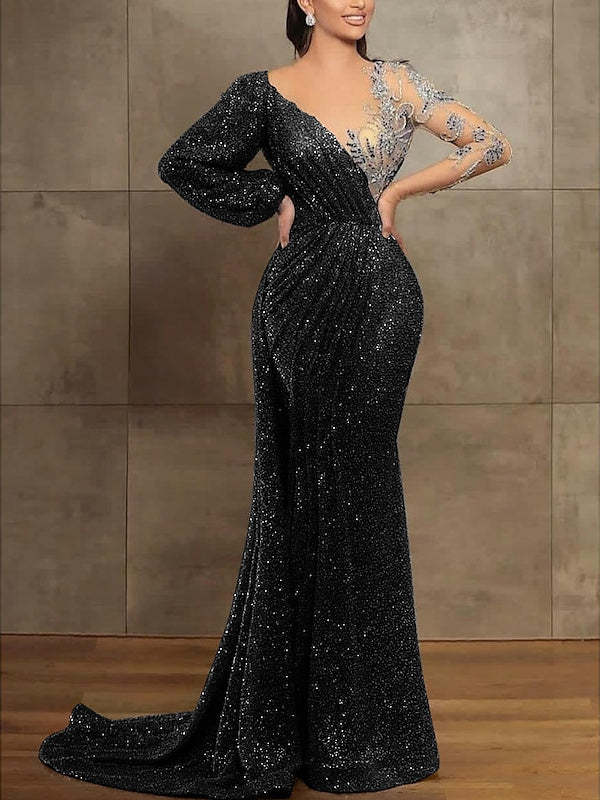Long Sleeve Illusion Neck Evening Dress with Sequins & Pleats in Trumpet/Mermaid Style