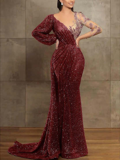 Long Sleeve Illusion Neck Evening Dress with Sequins & Pleats in Trumpet/Mermaid Style