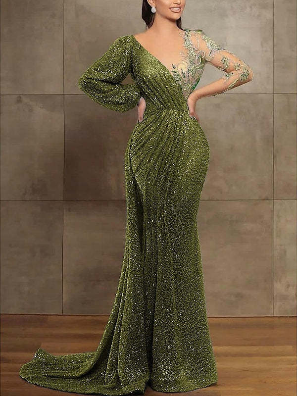 Long Sleeve Illusion Neck Evening Dress with Sequins & Pleats in Trumpet/Mermaid Style
