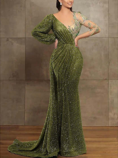 Long Sleeve Illusion Neck Evening Dress with Sequins & Pleats in Trumpet/Mermaid Style