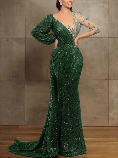 Long Sleeve Illusion Neck Evening Dress with Sequins & Pleats in Trumpet/Mermaid Style