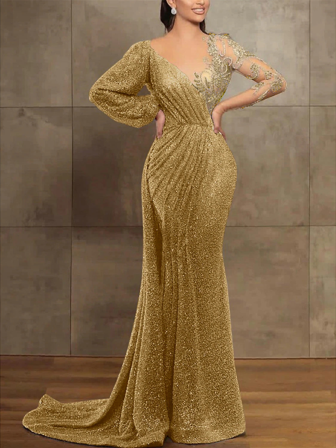 Long Sleeve Illusion Neck Evening Dress with Sequins & Pleats in Trumpet/Mermaid Style
