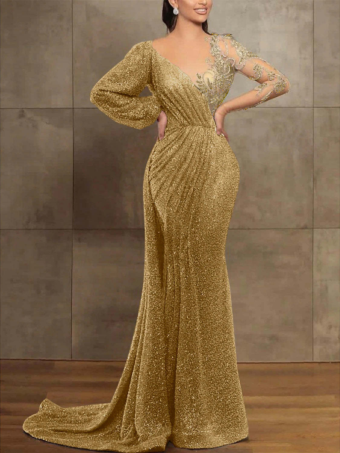 Long Sleeve Illusion Neck Evening Dress with Sequins & Pleats in Trumpet/Mermaid Style